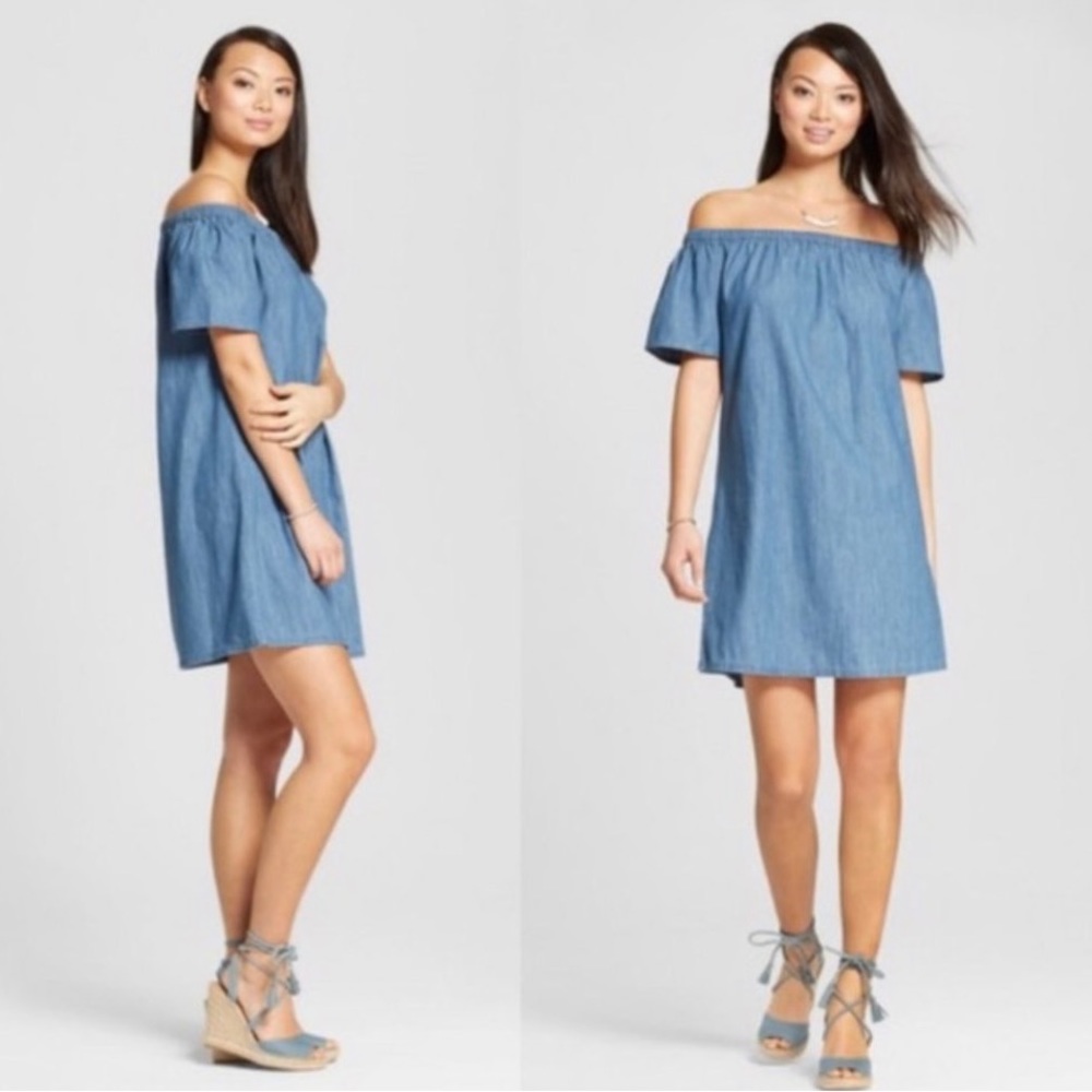 Chambray Denim Off-the-Shoulder Short-Sleeve Dress